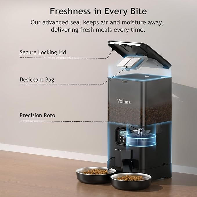 Voluas 6L Dual Automatic Cat Feeder with Stainless Steel Bowls