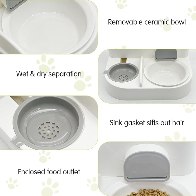 Fhiny 2-in-1 Gravity Cat Feeder & Water Dispenser with Detachable Stainless Steel Bowls
