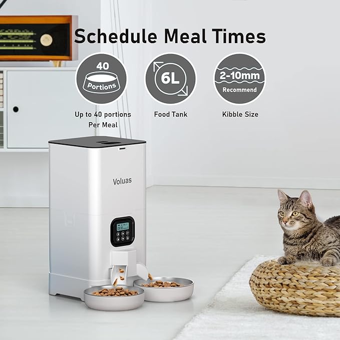 Voluas 6L Dual Automatic Cat Feeder with Stainless Steel Bowls