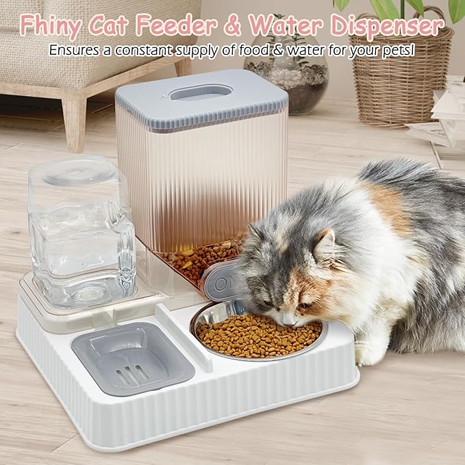Fhiny 2-in-1 Gravity Cat Feeder & Water Dispenser with Detachable Stainless Steel Bowls