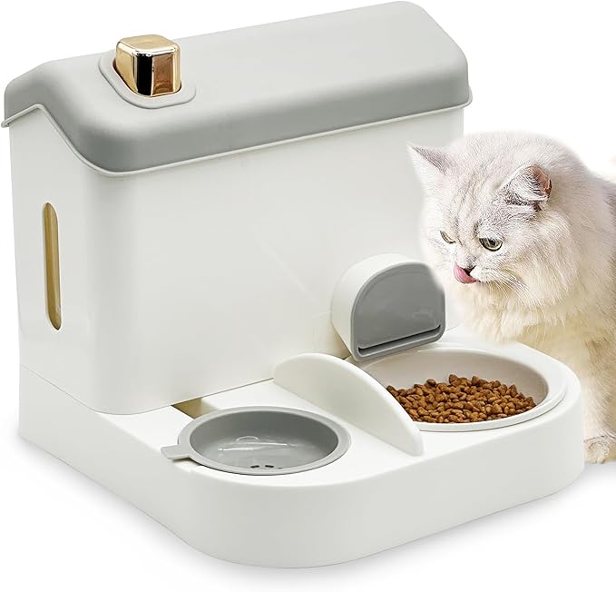 Fhiny 2-in-1 Gravity Cat Feeder & Water Dispenser with Detachable Stainless Steel Bowls