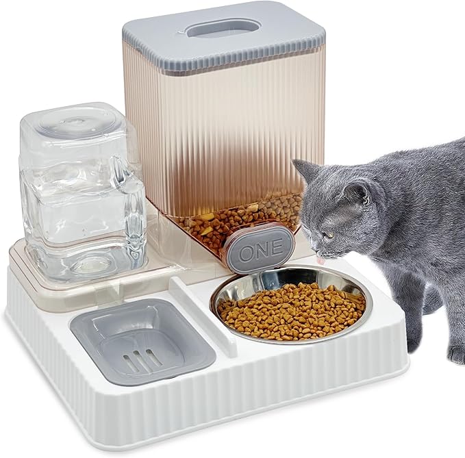Fhiny 2-in-1 Gravity Cat Feeder & Water Dispenser with Detachable Stainless Steel Bowls