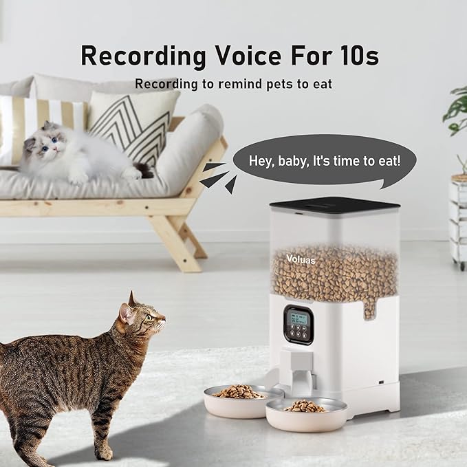Voluas 6L Dual Automatic Cat Feeder with Stainless Steel Bowls