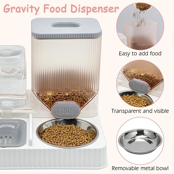 Fhiny 2-in-1 Gravity Cat Feeder & Water Dispenser with Detachable Stainless Steel Bowls