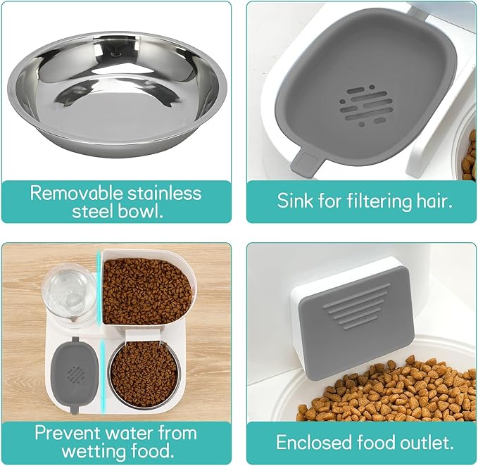 Fhiny 2-in-1 Gravity Cat Feeder & Water Dispenser with Detachable Stainless Steel Bowls