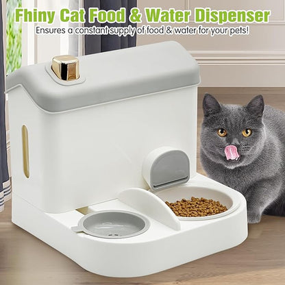 Fhiny 2-in-1 Gravity Cat Feeder & Water Dispenser with Detachable Stainless Steel Bowls