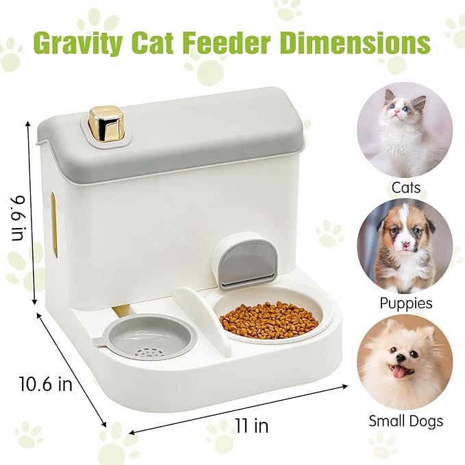 Fhiny 2-in-1 Gravity Cat Feeder & Water Dispenser with Detachable Stainless Steel Bowls